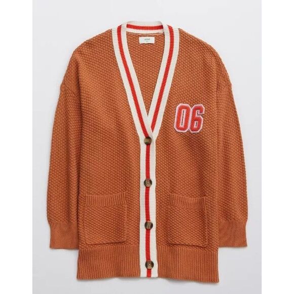 Women's Aerie Orange White Stripe Oversized Varsity Waffle Knit Cardigan - Picture 4 of 10